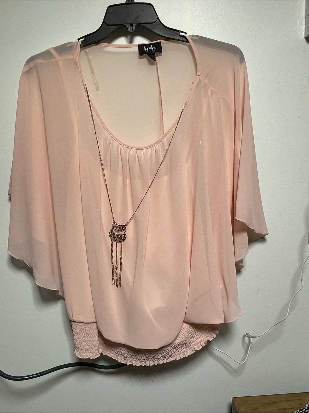 bebe Flowing Sheer Blouson Top in Blush Pink